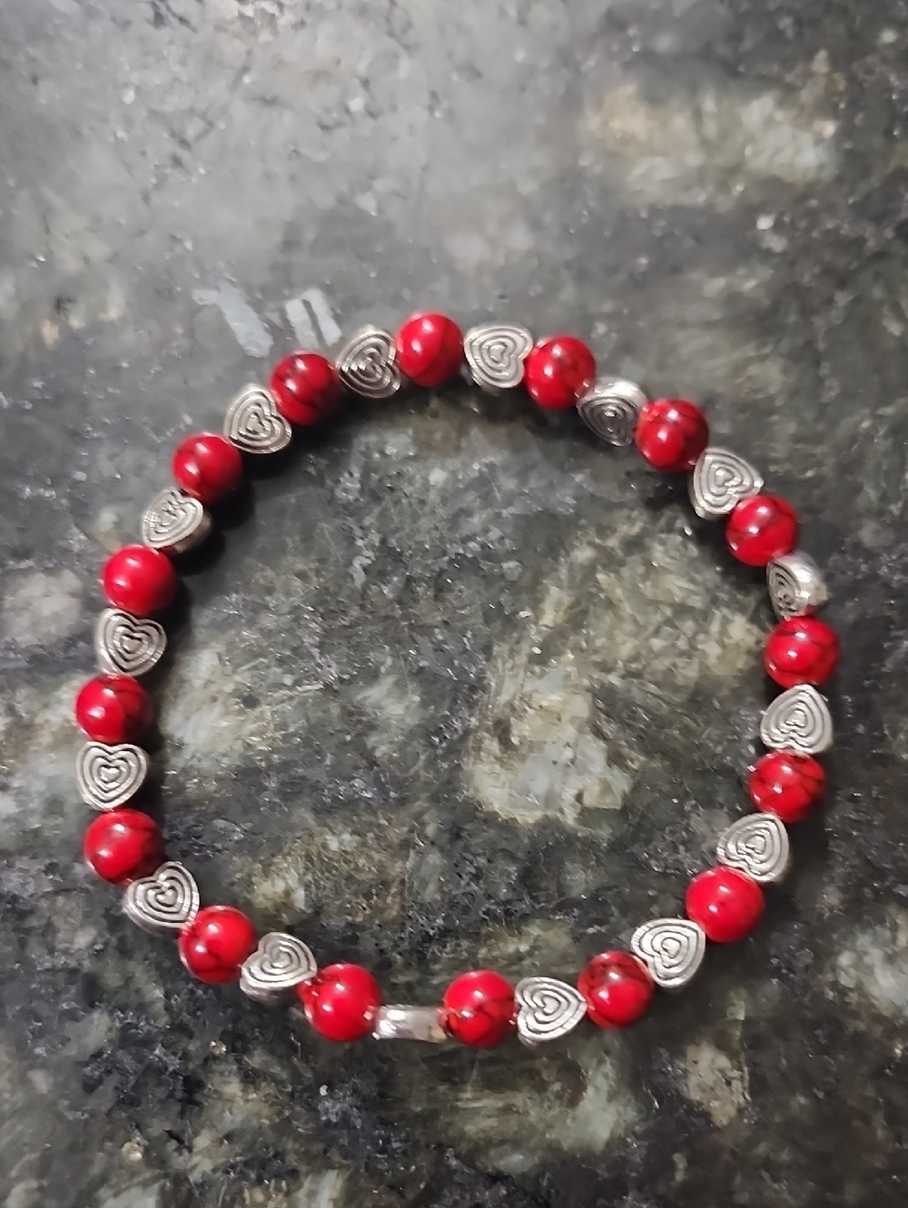 Handmade Red Quartz and Silver Heart Bracelet